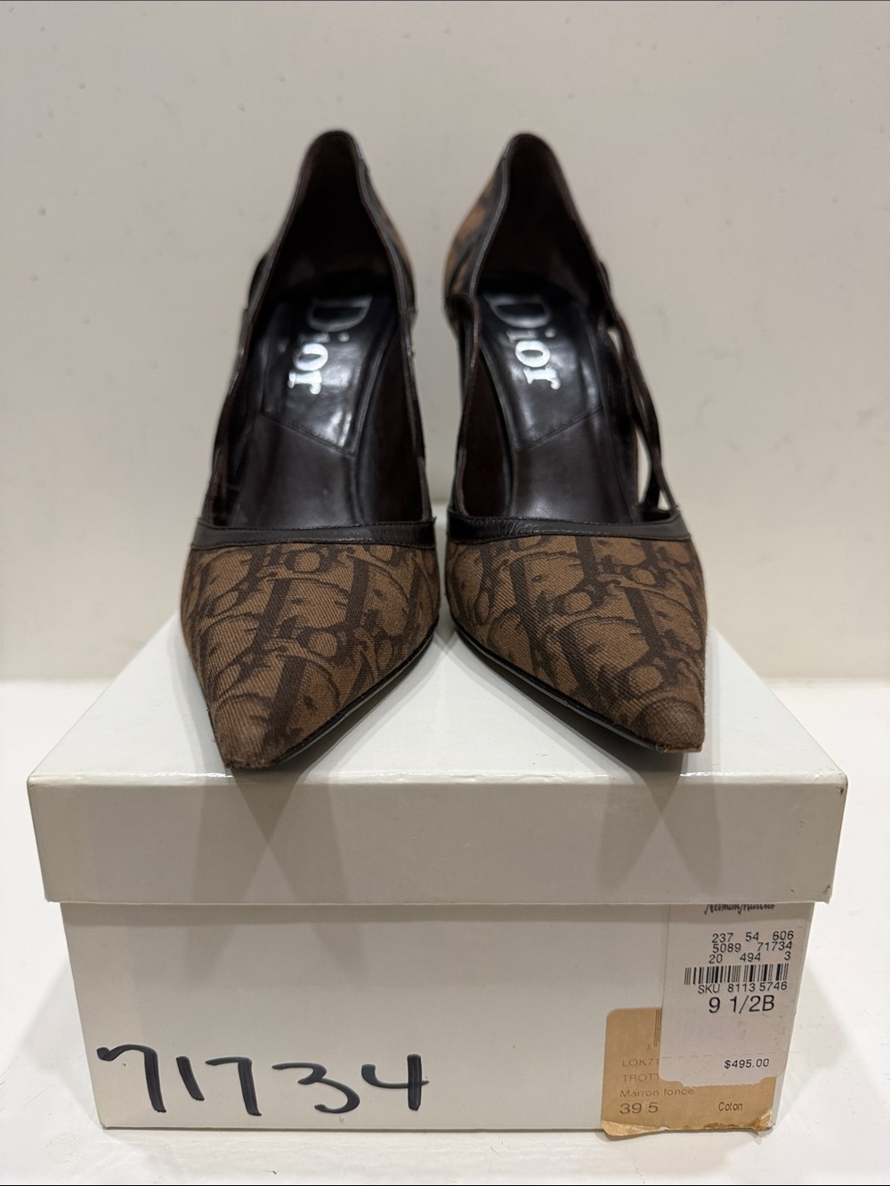 Authentic Dior Brown Monogrammed Pointed-Toe Pumps